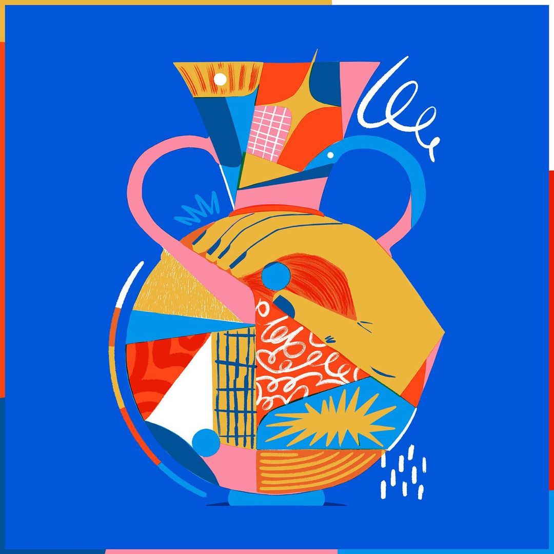 Abstract illustration of a vase with geometric shapes, hands, and patterns against a blue background, showcasing modern graphic design.