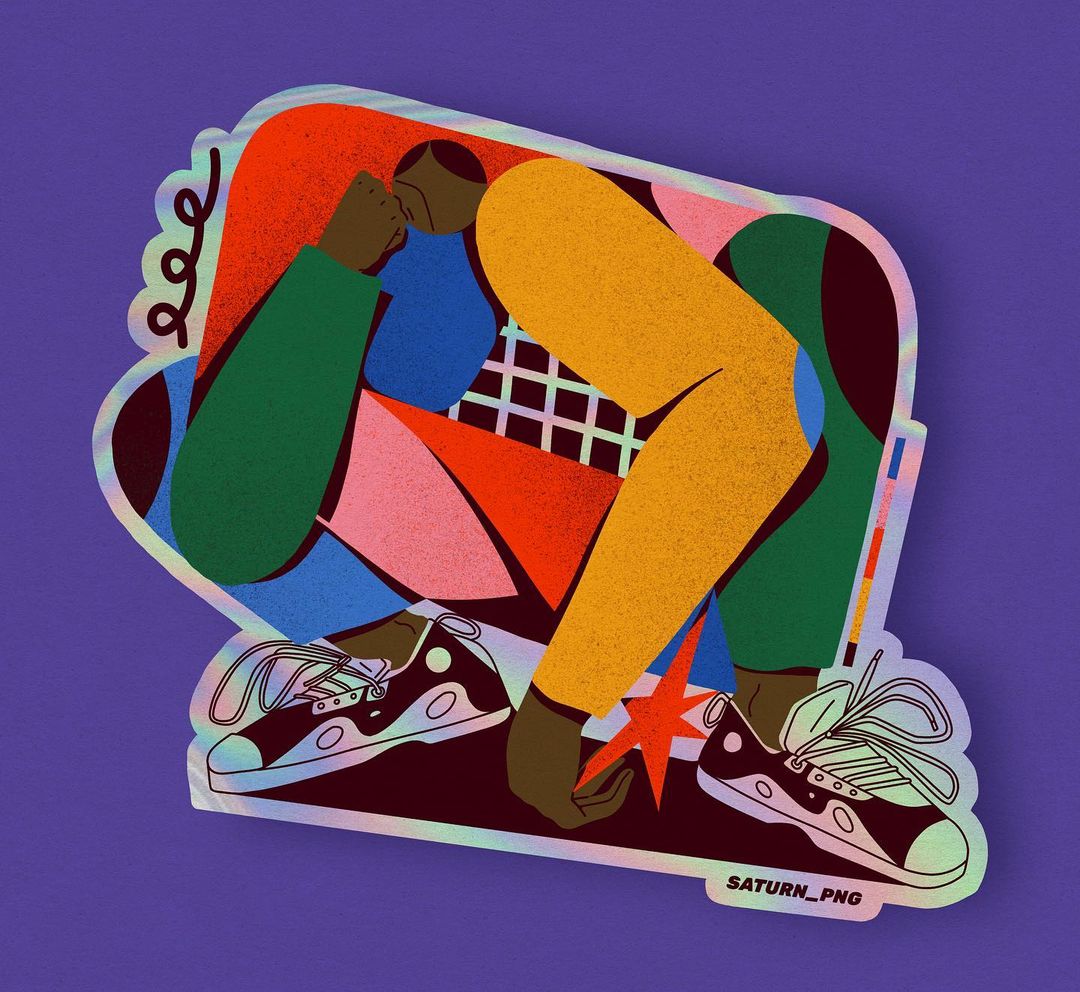 Illustration of an abstract person bending over with colorful geometric shapes and patterns on a violet-purple background.