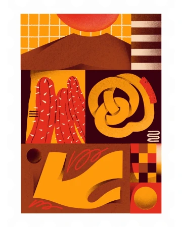 Geometric digital illustration featuring abstract shapes, a sun, mountain, cacti, and a snake rendered in warm earth-tone colors.