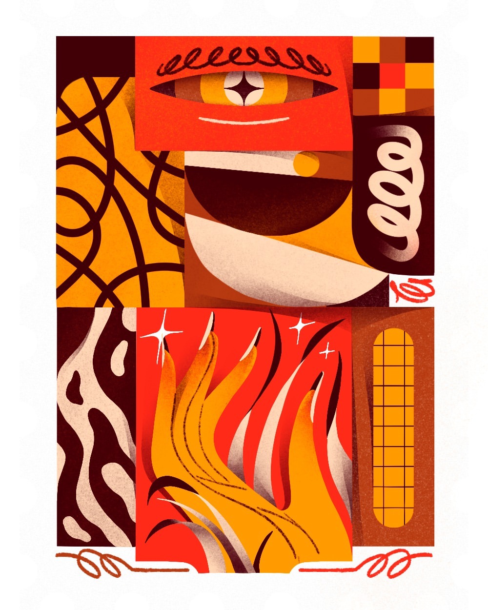 Abstract digital illustration with geometric shapes, eye, flames, and intricate patterns in shades of brown, yellow, and orange.