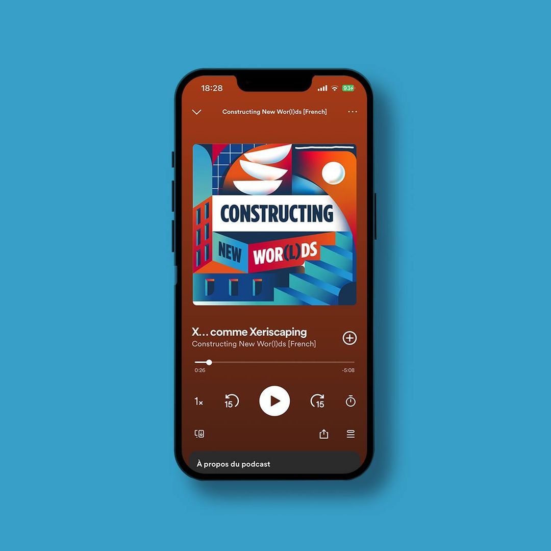 Smartphone showing a podcast interface with colorful graphics, podcast title, and standard media player controls on a blue background.