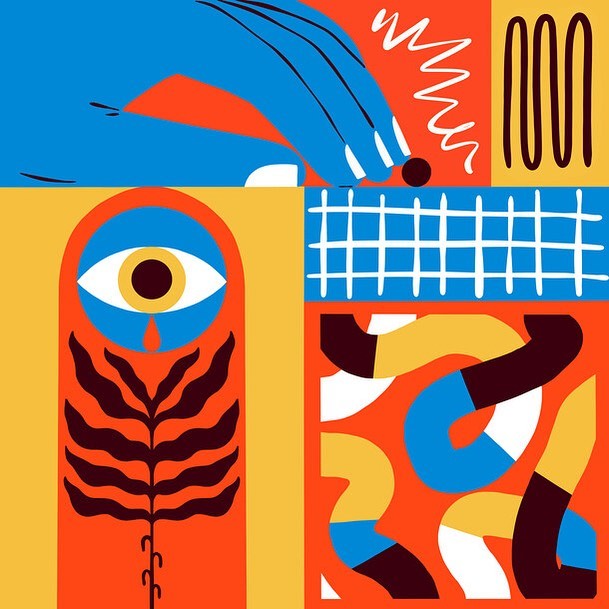 Graphic art composition features an eye, a hand, and geometric shapes in blue, orange, yellow, and white on a square canvas.