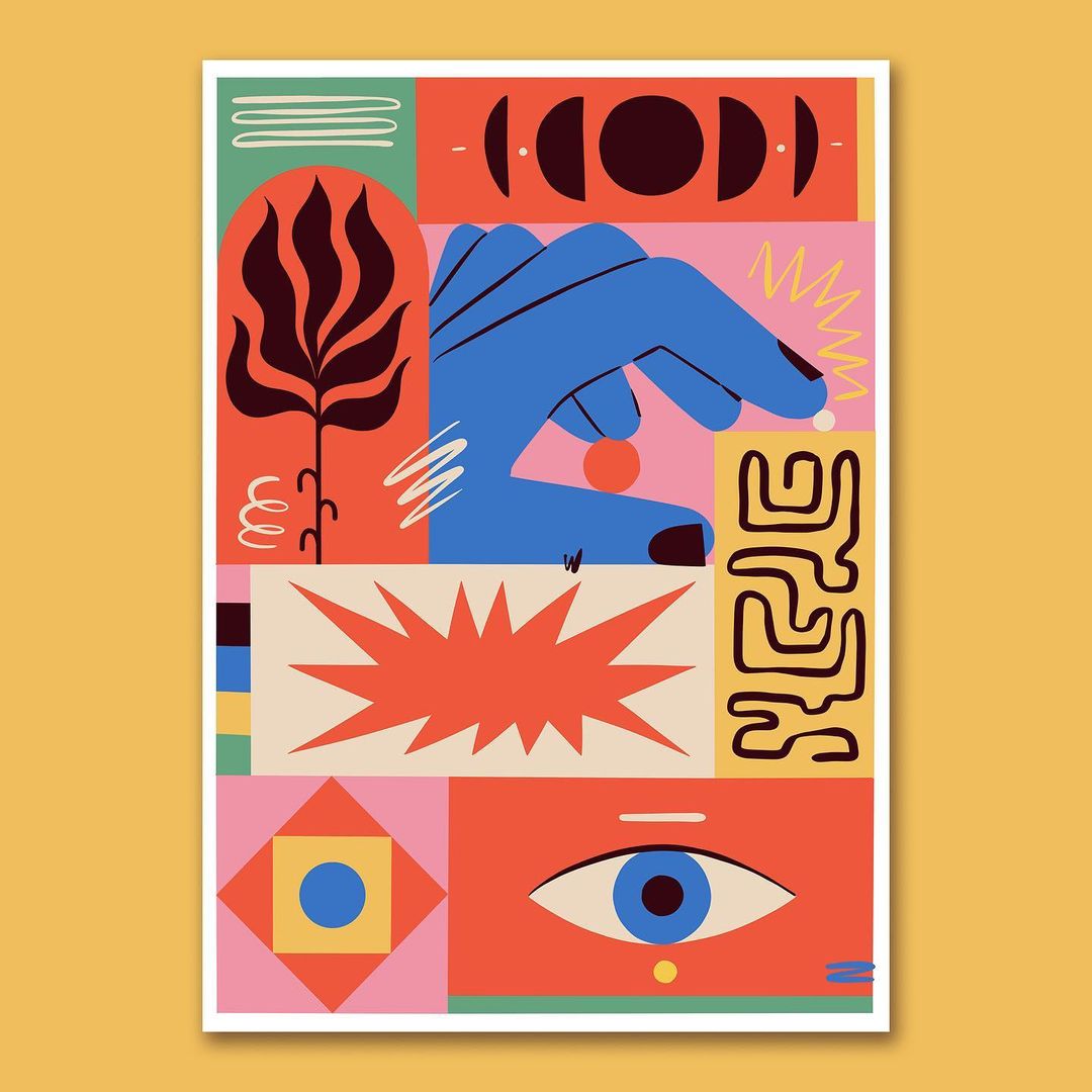 Abstract illustration featuring a blue hand reaching for a red orb, geometric shapes, and a plant on a yellow background.