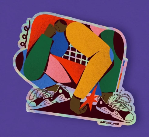 Illustrated sticker of a stylized figure squatting against a purple background, featuring bold color-blocked clothing and textured patterns