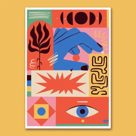Colorful abstract illustration by Saturn featuring a blue hand, moon phases, and geometric shapes in a vertical poster format.