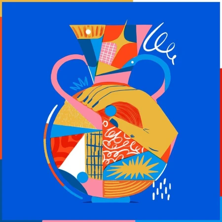 Colorful digital illustration of a patterned ceramic vase being held by a yellow hand against a bright blue background