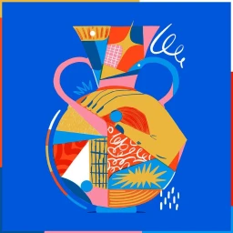 Colorful digital illustration of a patterned ceramic vase being held by a yellow hand against a bright blue background