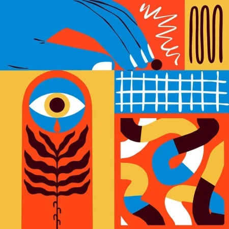 Colorful abstract illustration featuring a blue hand, a weeping eye symbol, and geometric shapes by illustrator Saturn