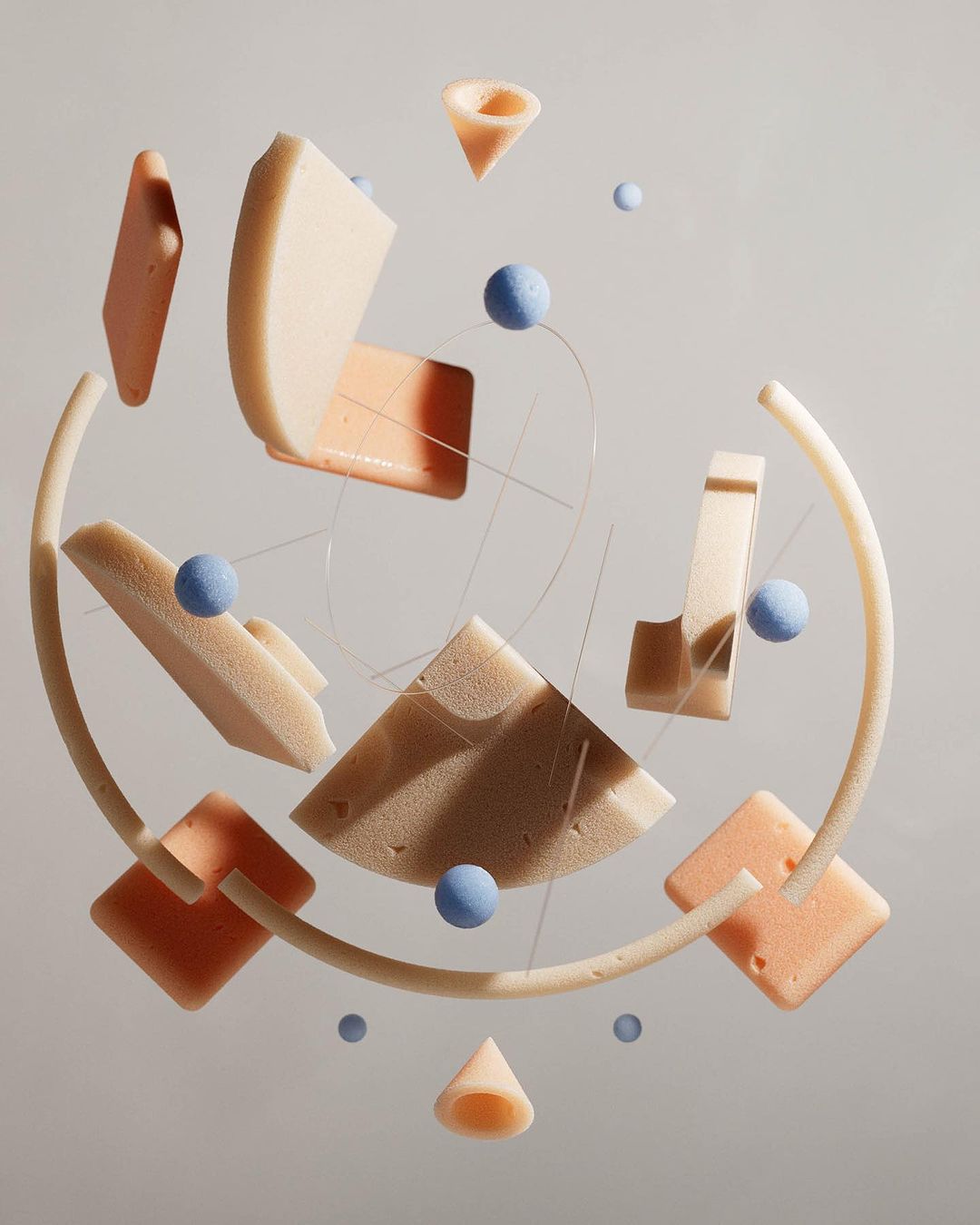 Abstract geometric shapes and spheres float in a dynamic composition with soft lighting and pastel colors, creating a modern art piece.