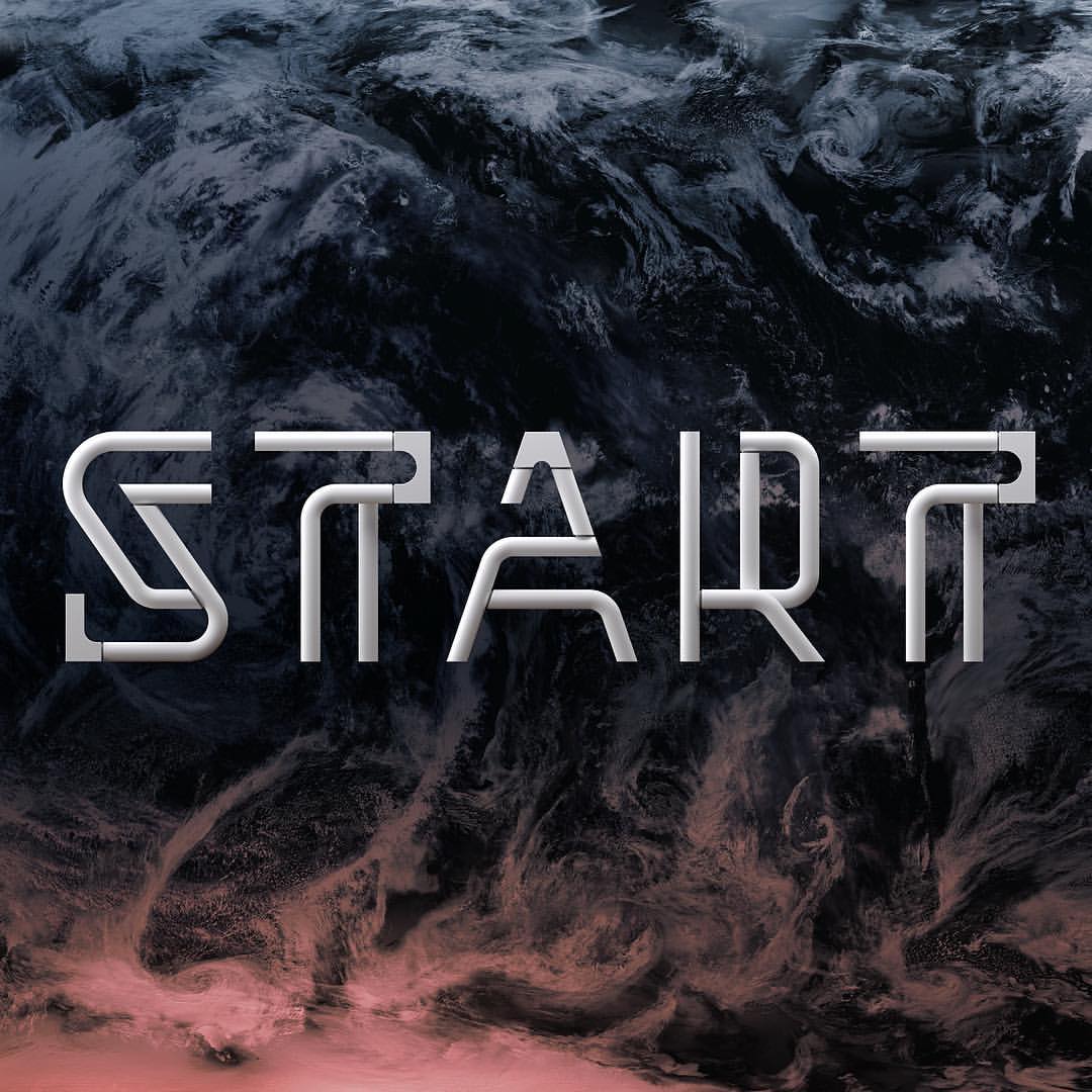 Abstract background with swirling textures in shades of dark blue and pink, overlaid with the word "START" in white, stylized font.