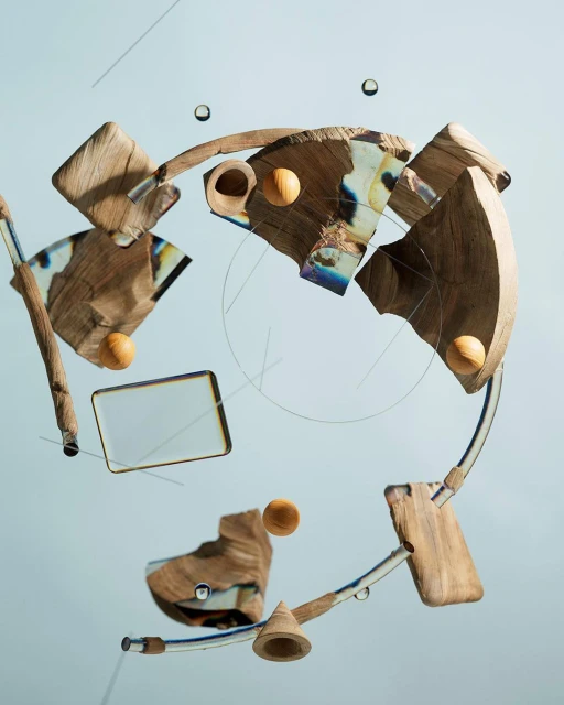 Abstract art featuring wooden blocks, spheres, and transparent tubes, creating a dynamic composition on a gradient blue background.