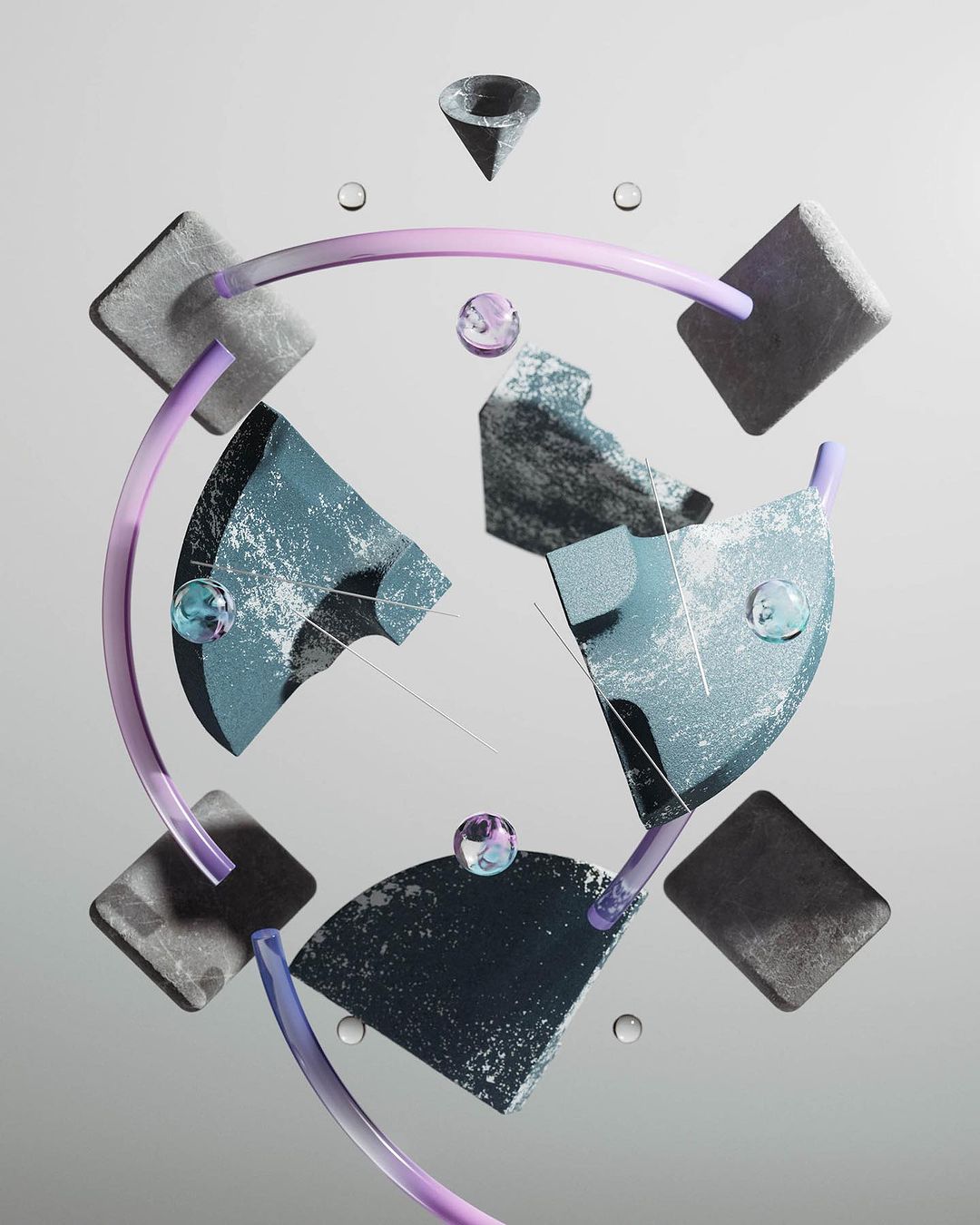 Abstract art: Geometric shapes including square, circle sections, cone, and spheres float against a gradient gray background in digital rendering.