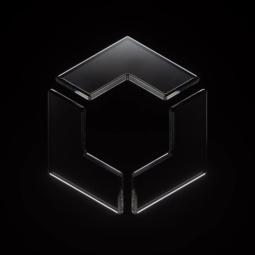 Abstract geometric logo rendered in clear glass with geometric shapes and lines, set against a stark black background.