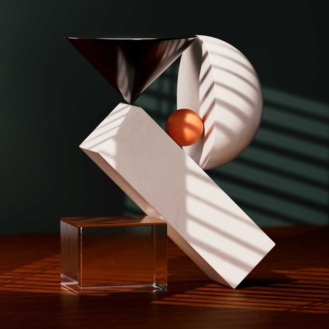 Abstract still life with white geometric solids, sphere, cone, clear cube, and dark green background featuring light and shadow play.