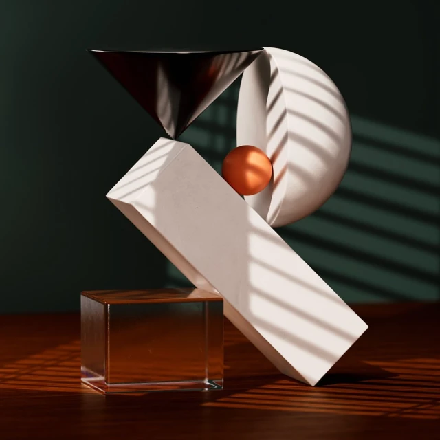 Abstract still life with white geometric solids, sphere, cone, clear cube, and dark green background featuring light and shadow play.