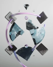 CGI composition of floating abstract geometric shapes with textured surfaces and curved purple tubes against a grey gradient background