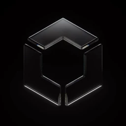 A glowing glass geometric cube structure with precise reflective edges isolated against a dark black background.