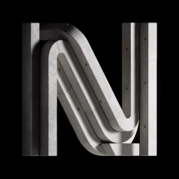 A sculptural letter N formed by interlocking concrete geometric bars against a solid black background.