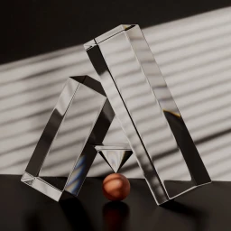 CGI still life by Sawdust featuring transparent glass geometric blocks leaning together above a small orange sphere on a dark surface.