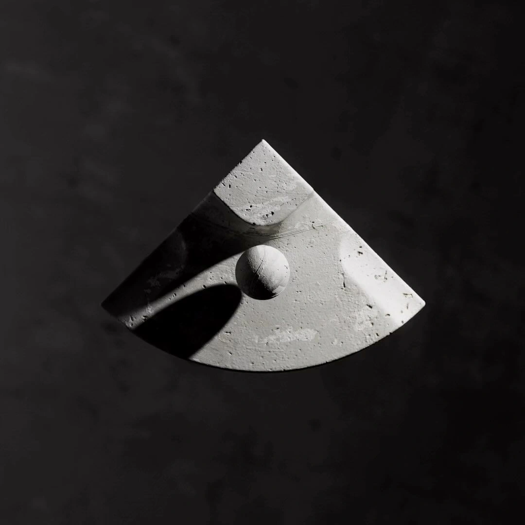 Minimalist CGI abstract sculptural object with a sphere casting a shadow on a dark textured concrete background