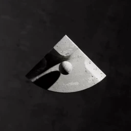Minimalist CGI abstract sculptural object with a sphere casting a shadow on a dark textured concrete background