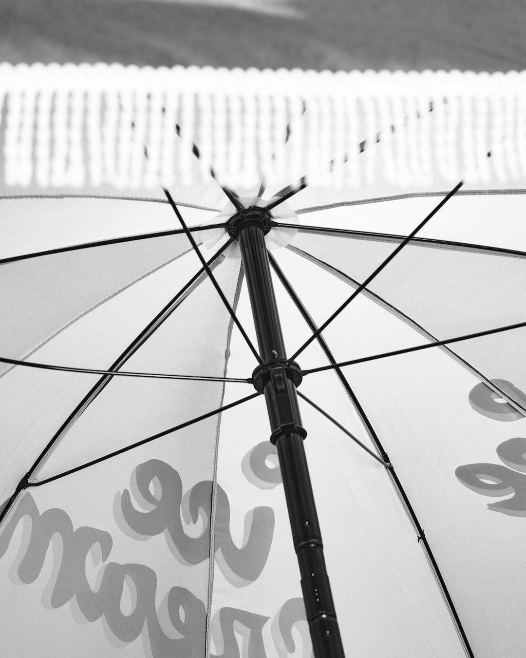 Monochrome umbrella interior featuring a black pole and struts, with script on the white fabric, and a fringed edge.