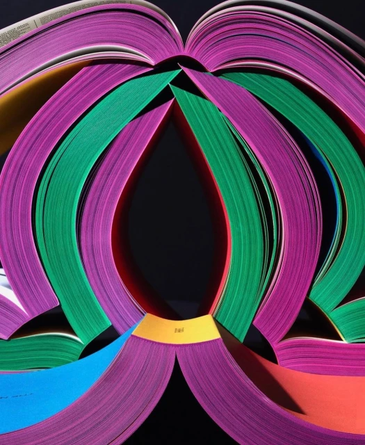 Abstract composition featuring colorful book pages arranged in an eye-catching pattern against a dark backdrop.