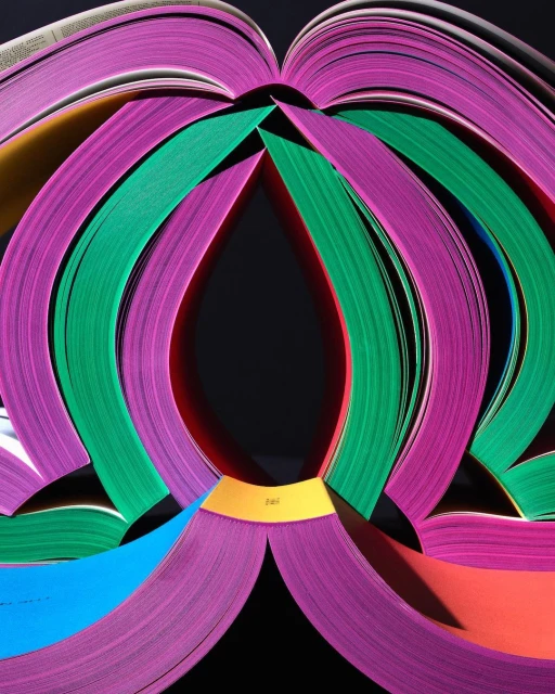 Abstract image of folded book pages in blue, green, pink, and yellow against a dark background, creating a colorful and artistic design.