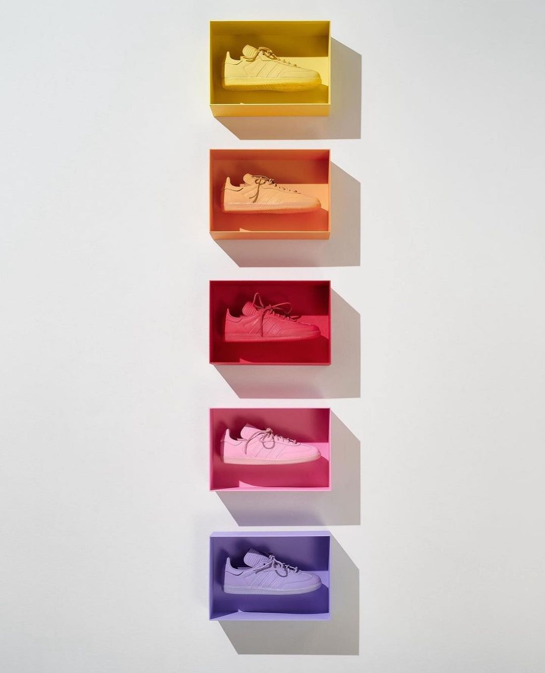 A row of five colourful boxes, each displaying a monotone sneaker in yellow, orange, red, pink, and purple, on a white background.