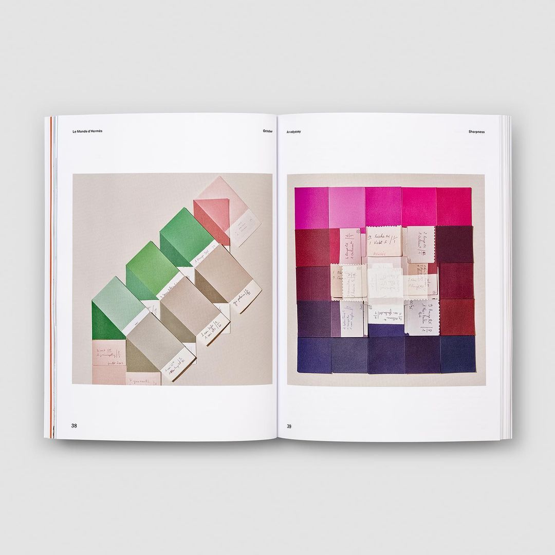 Open book displaying color palette swatches in shades of green, pink, red, and purple, arranged with hand-written paper notes.
