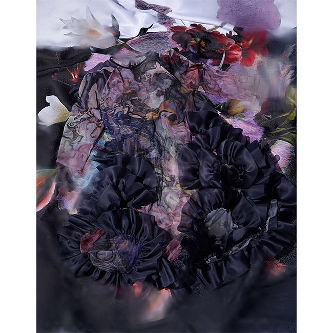 Abstract artwork featuring a dress with ruffles and floral accents in dark blue, purple, and red tones against a soft, diffused background.