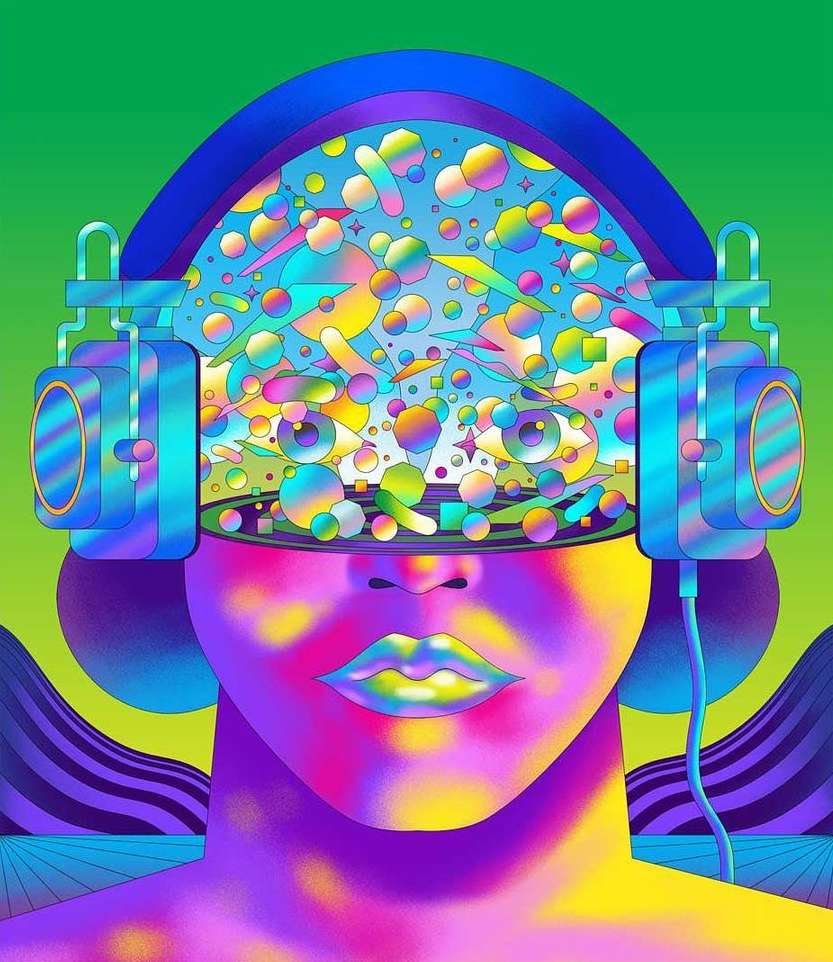 Surreal portrait illustration of a woman with colorful headphones, geometric shapes, and floating eyes against a green gradient background.