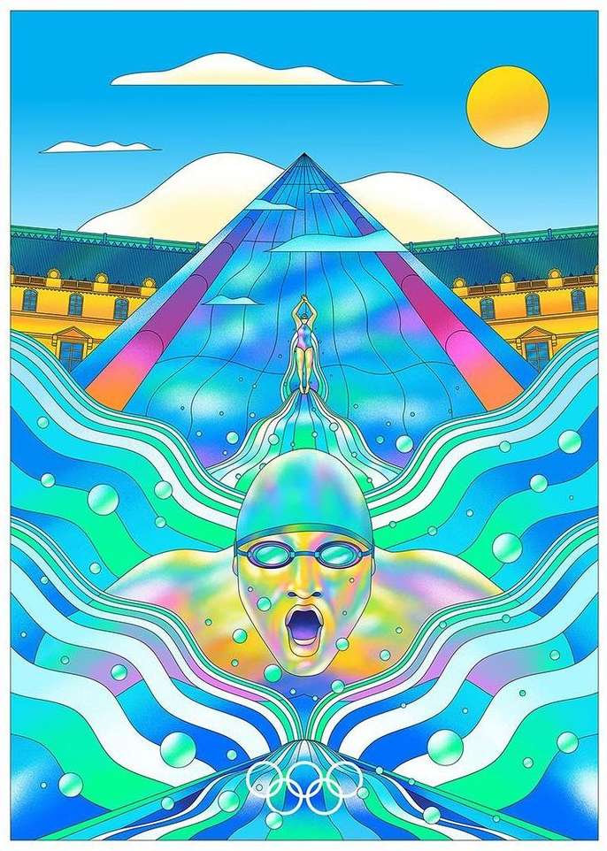 Illustration of a swimmer wearing a swim cap and goggles, with a pyramid, water, and the olympic rings in the background.