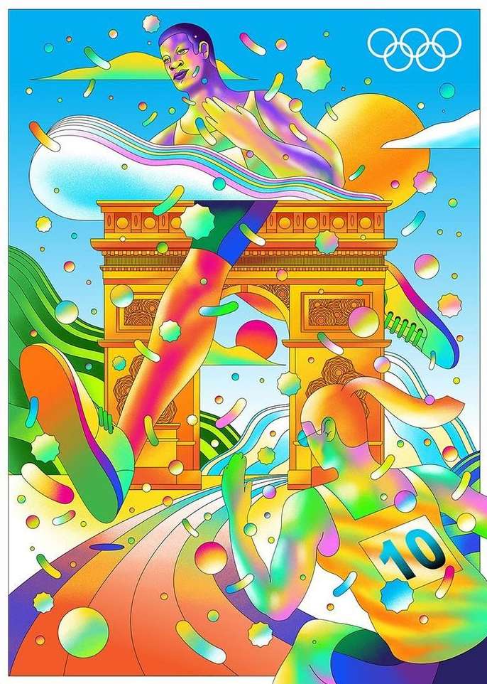 Illustration of two runners in a stylized race with the Arc de Triomphe and the Olympic rings set against a blue sky backdrop.