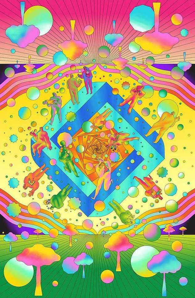 Psychedelic art featuring a group of levitating people in surreal landscapes with floating orbs, set against vibrant colors and geometric patterns.