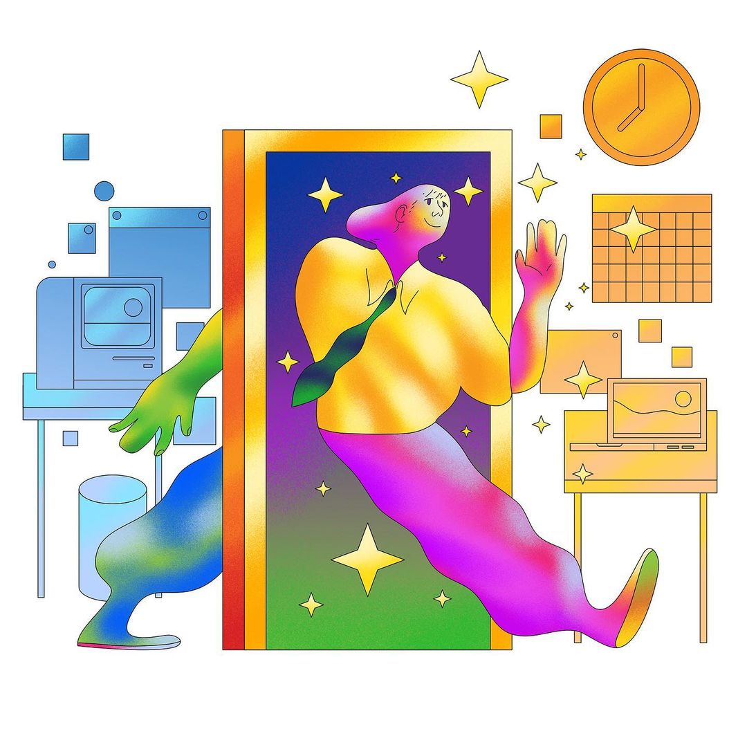 Illustration of a person entering a doorway from an office space into a colorful and star-filled space, showcasing digital artwork.