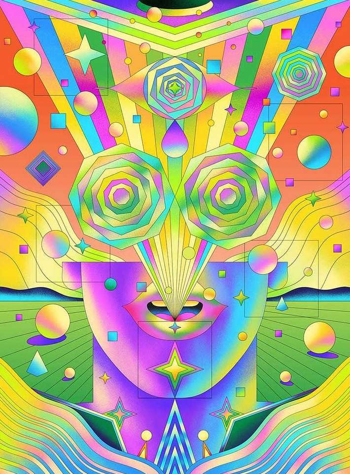 Abstract psychedelic face illustration with geometric shapes, rainbow colors, stars, and optical effects in a surreal, dreamlike composition.