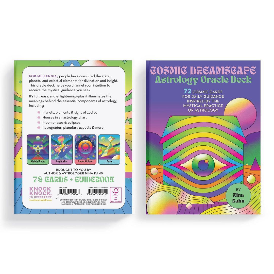 Two Cosmic Dreamscape Astrology Oracle Decks by Nina Kahn. One showing the front cover with an eye design, the other the back cover.