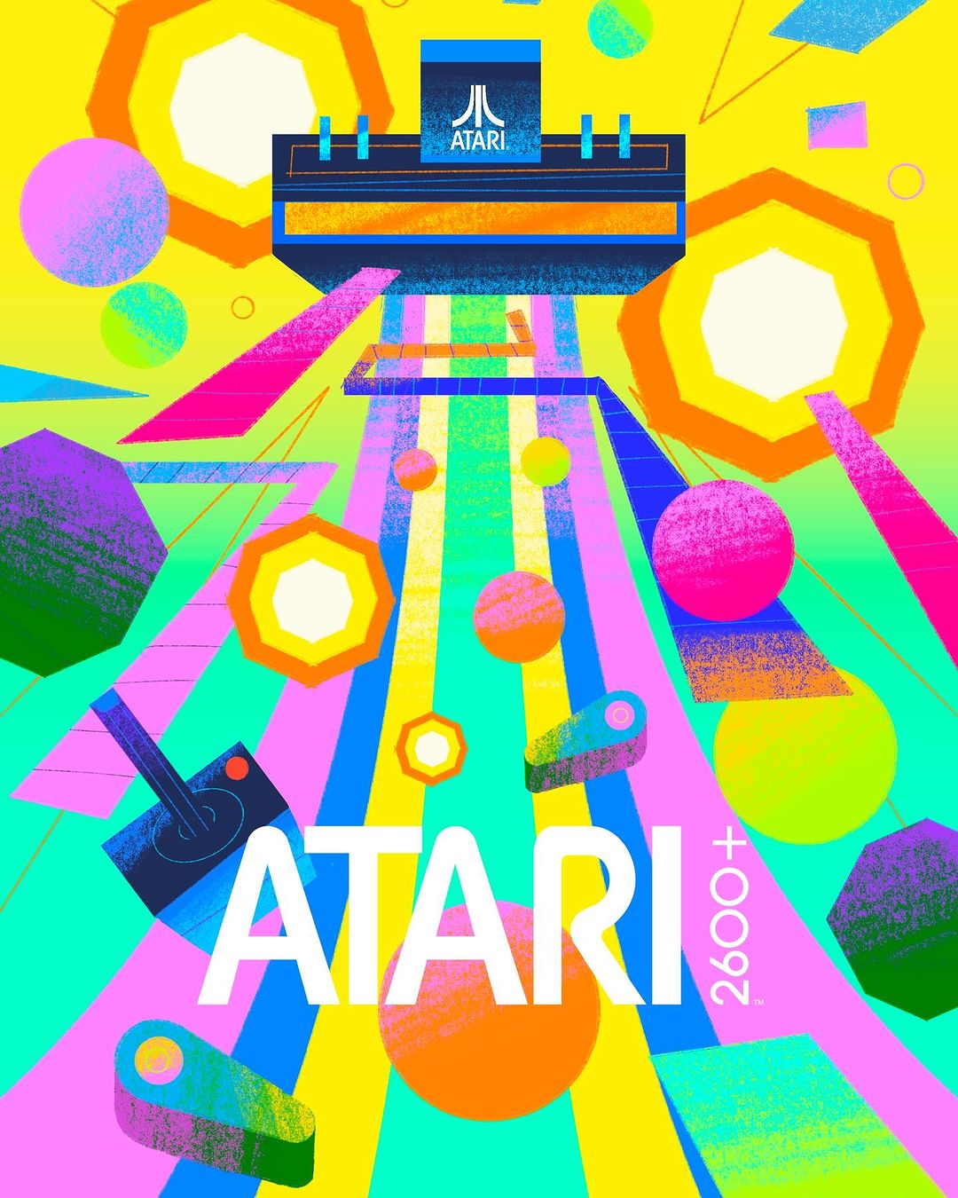 Illustration featuring an Atari console, joystick, and colorful geometric shapes in a bright, retro-inspired art style, promoting gaming nostalgia.