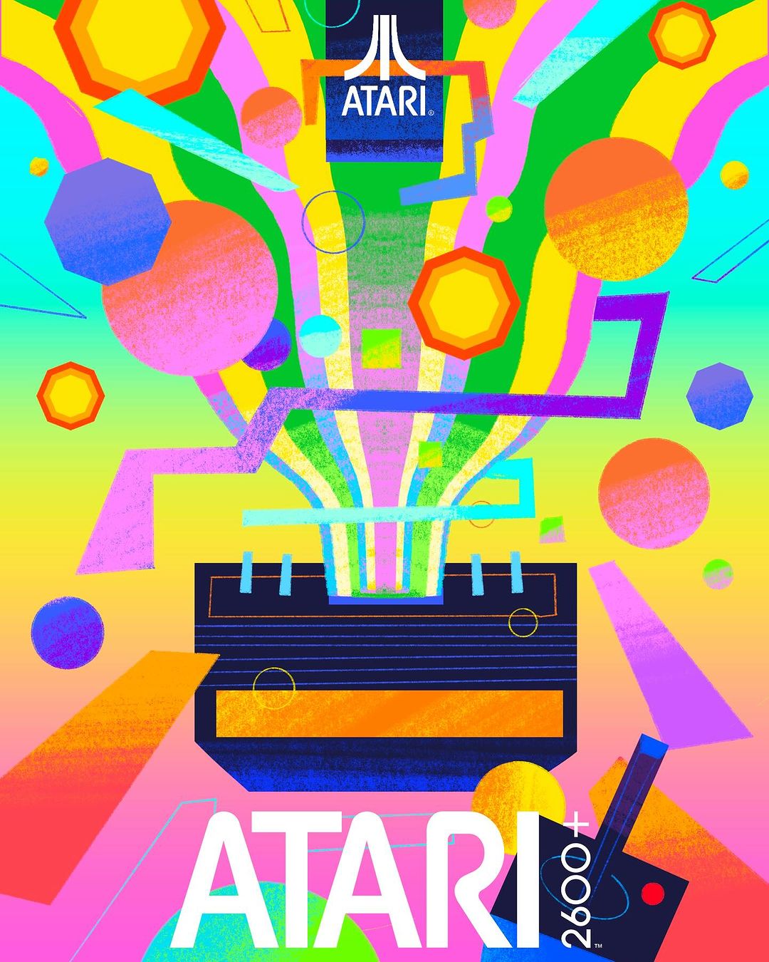 Colorful, digital-style illustration of an Atari 2600 console and joystick. Geometric shapes and lines extend upwards in a vibrant design.