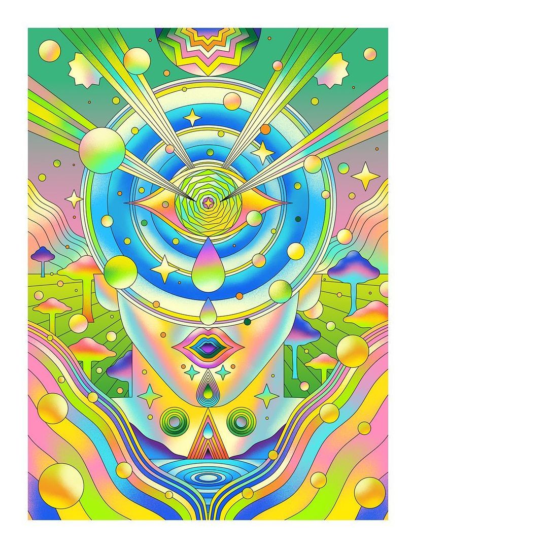 Psychedelic illustration with an eye at the center, surrounded by stars, mushrooms, and swirling colorful lines, evoking a surreal and dreamlike scene.