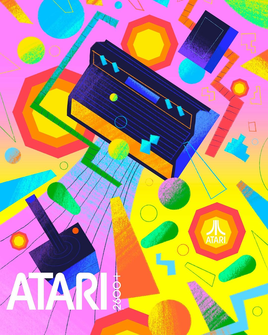 Vibrant illustration of an Atari 2600 console and joystick surrounded by colorful geometric shapes and the Atari logo, evoking retro gaming.