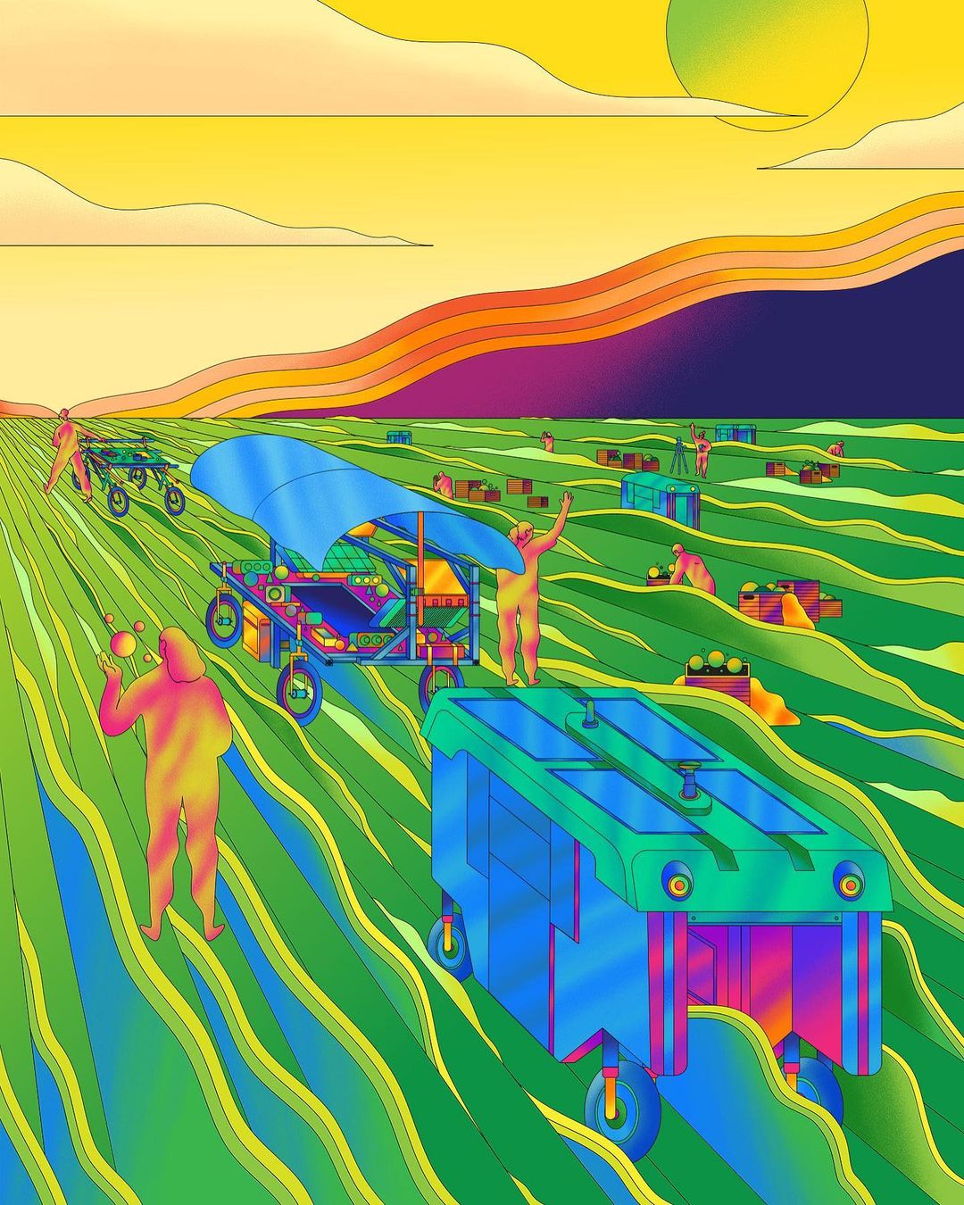 Illustration of a field with people harvesting crops using futuristic vehicles, set against a yellow sky and wavy, colorful landscape.