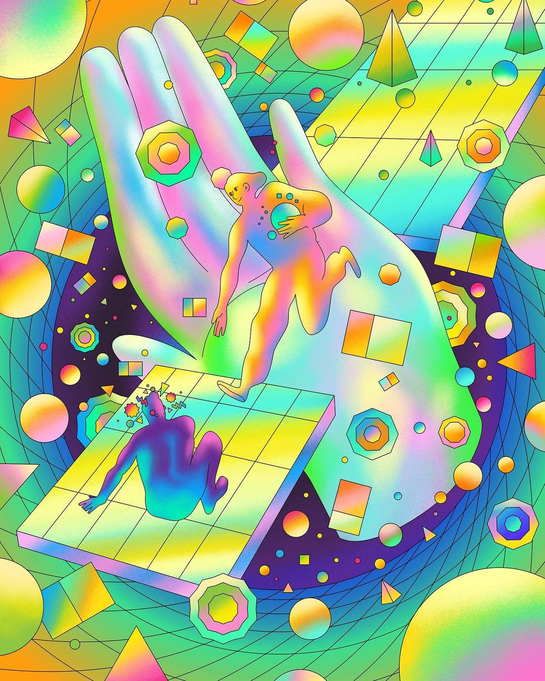 Surreal illustration featuring two figures on geometric platforms with rainbow gradients and floating shapes, set against an abstract background.