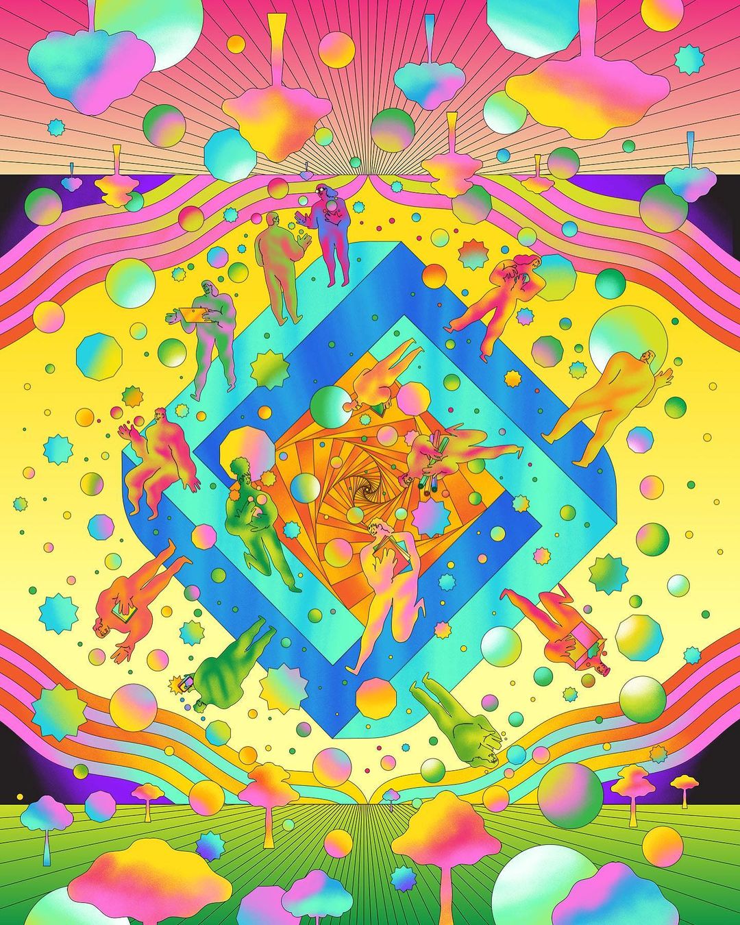 Psychedelic art featuring colorful figures, mushroom shapes, and floating orbs in an abstract landscape with a blue diamond center.