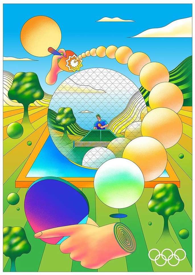 Vibrant illustration of table tennis player in geometric setting with sun and floating spheres, rendered in bright, surreal colours and shapes.