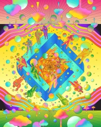 Vibrant surreal digital illustration by Scott Balmer featuring floating figures and geometric shapes in a psychedelic rainbow colour palette.