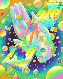 Surreal digital illustration by Scott Balmer featuring giant hands, floating geometric shapes, and stylized human figures against a vibrant rainbow grid background.