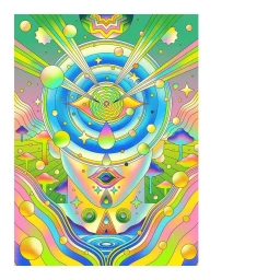 Vibrant psychedelic illustration by Scott Balmer featuring concentric circles, glowing spheres, and surreal cosmic eye imagery.