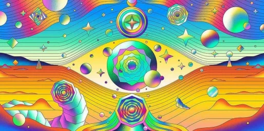 Vibrant psychedelic digital illustration of a cosmic eye with celestial bodies and swirling rainbow waves by Scott Balmer